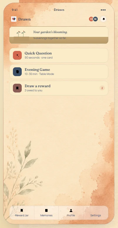 Drawn home screen: Quick Question, Evening Game and Draw a reward